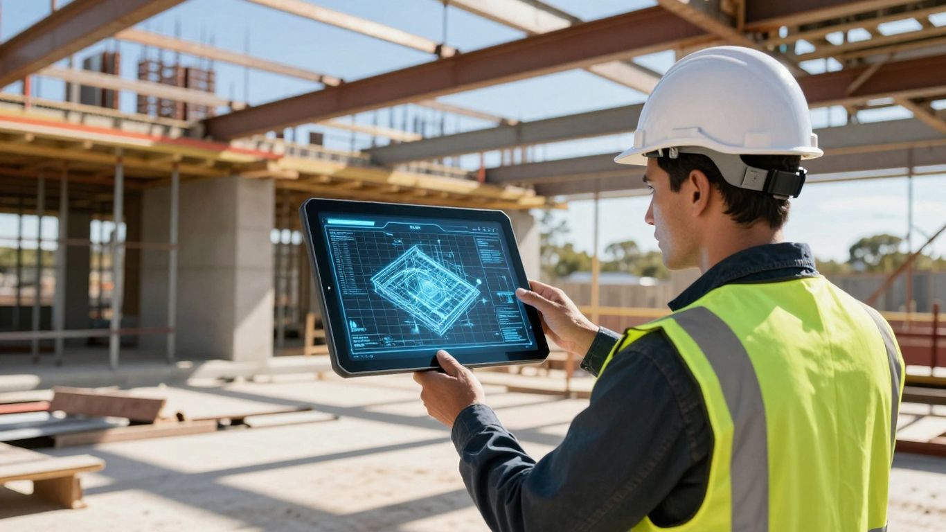 Builder using AI tool on Australian construction site.