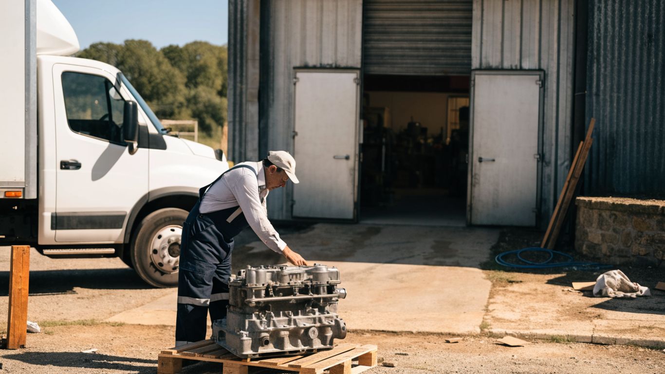 A freight worker preparing an engine shipment for pickup