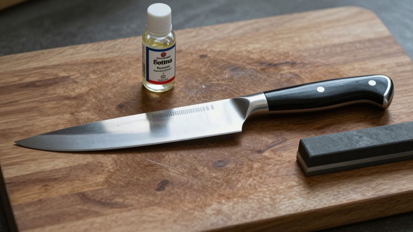 Sharp chef's knife on a wooden board with oil and whetstone.