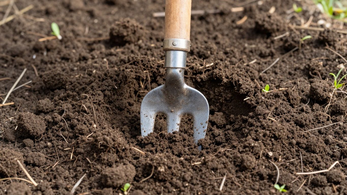 Boden wird im Frühling mit einer Gabel gelockert.