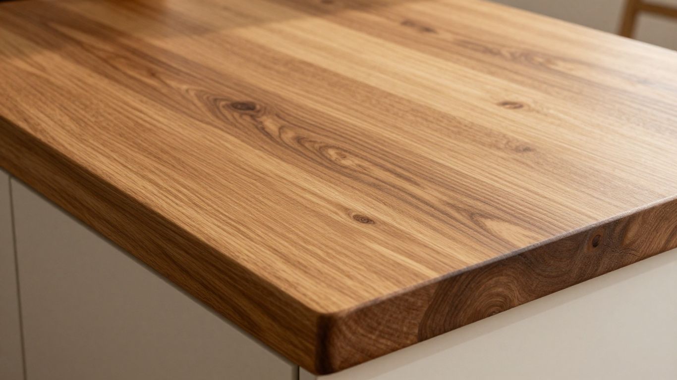 Solid oak kitchen worktop with rich grain patterns.