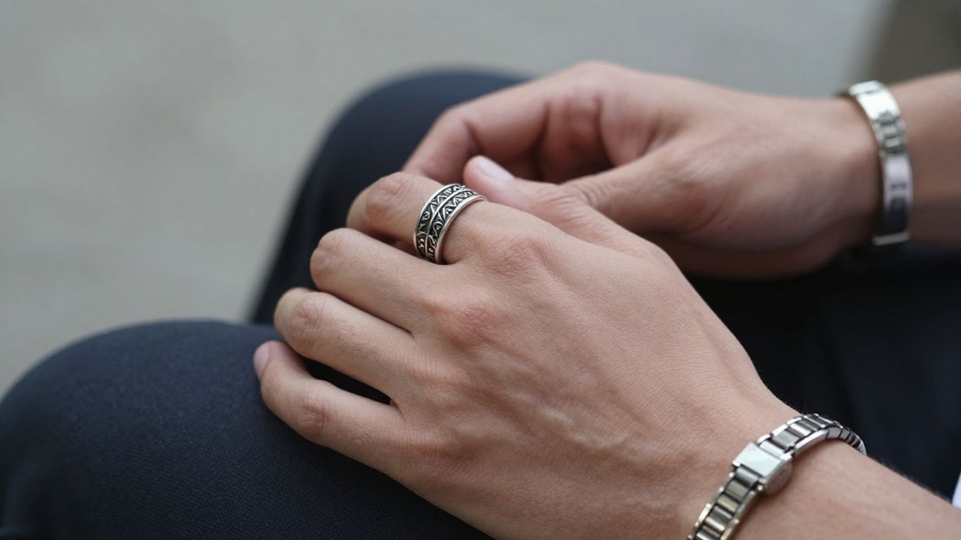 Man wearing stylish silver ring and bracelet.
