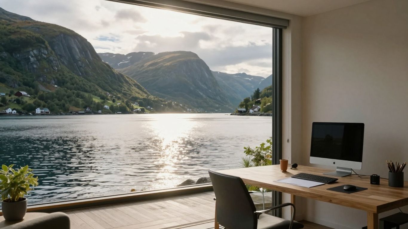 Remote work setup at Oben Estate by a fjord.