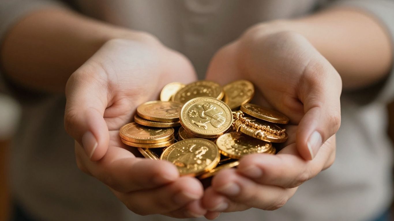 Mains tenant des pièces d'or et des bijoux brillants.