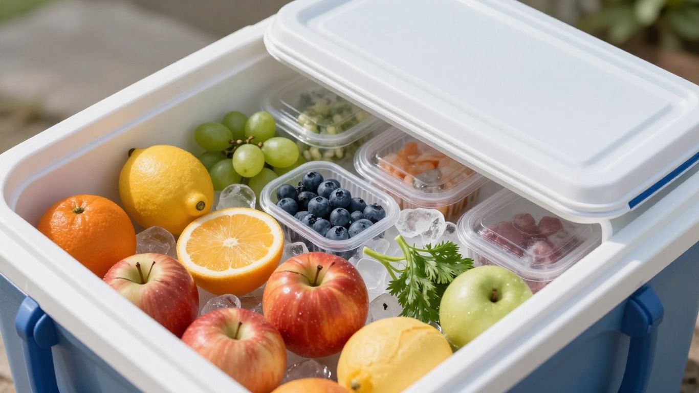 Cooler packed with fresh food and ice packs.