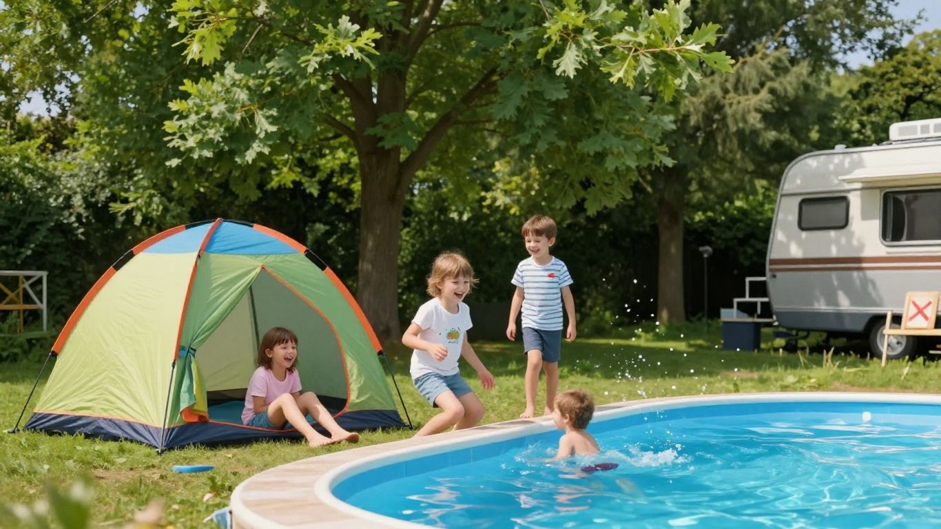 Kinderen spelen op een camping in Nederland bij het zwembad.