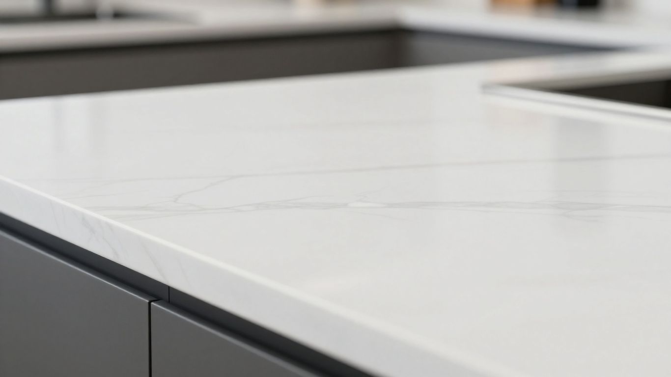 Silestone countertop with white veining, polished surface.
