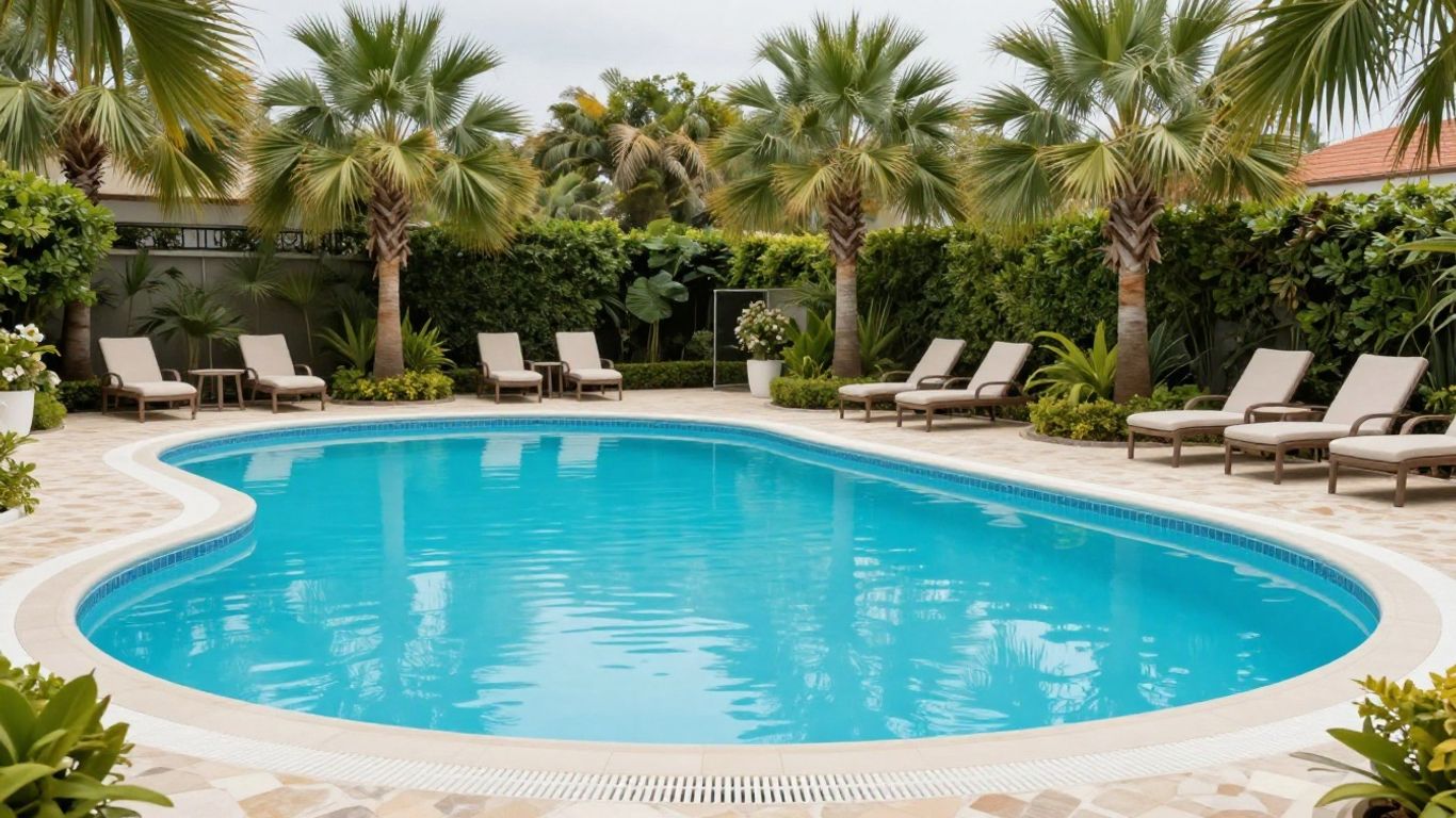 Reflective outdoor pool near garden area