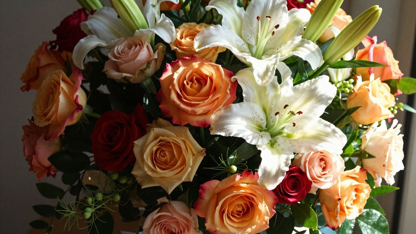 Colorful floral bouquet with roses and lilies.
