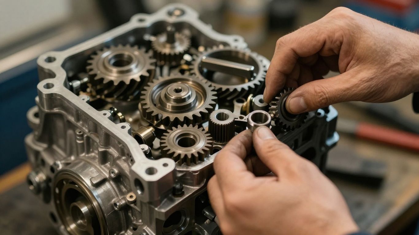 Mechanic working on car transmission gears