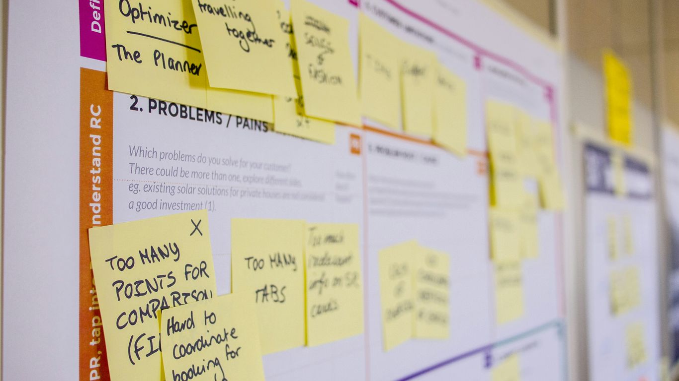 printed sticky notes glued on board
