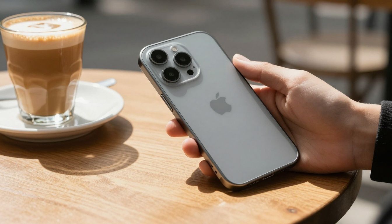 A person in a sunny Australian cafe placing their iPhone 17, housed in a stylish minimalist case, on a wooden table next to a flat white coffee.