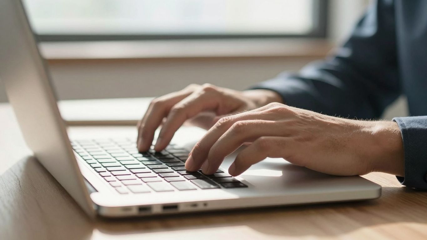 Hands typing on a laptop keyboard.