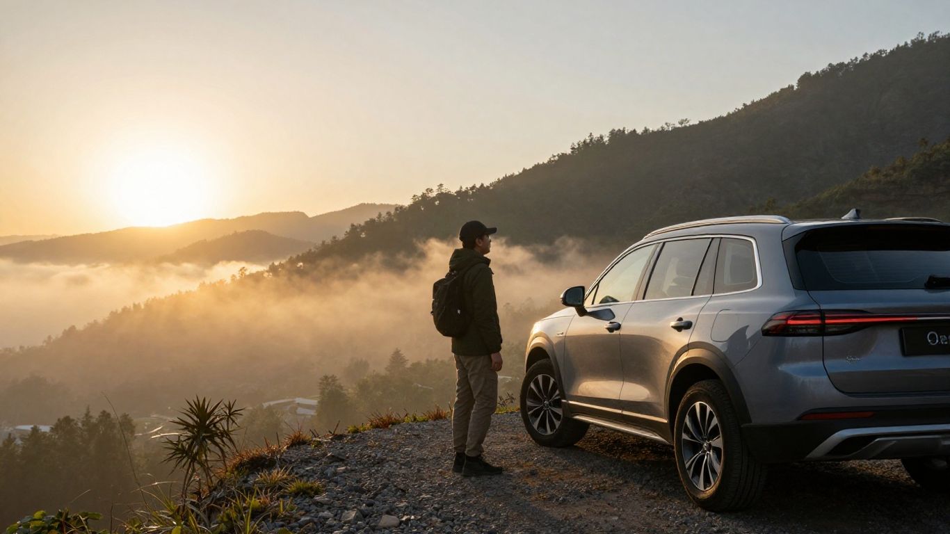 Couple checking rental car at sunset