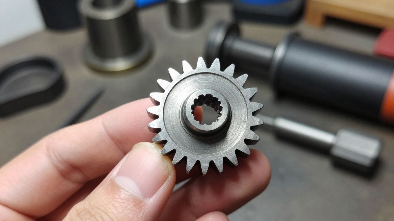 Close-up of a metal gear held in a hand.