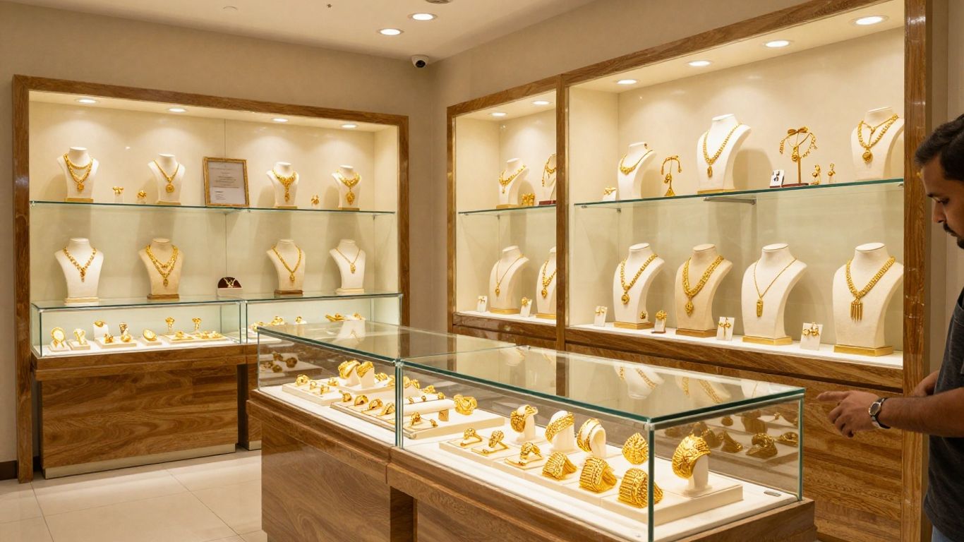 Gold jewellery displayed in a bright Bangalore showroom