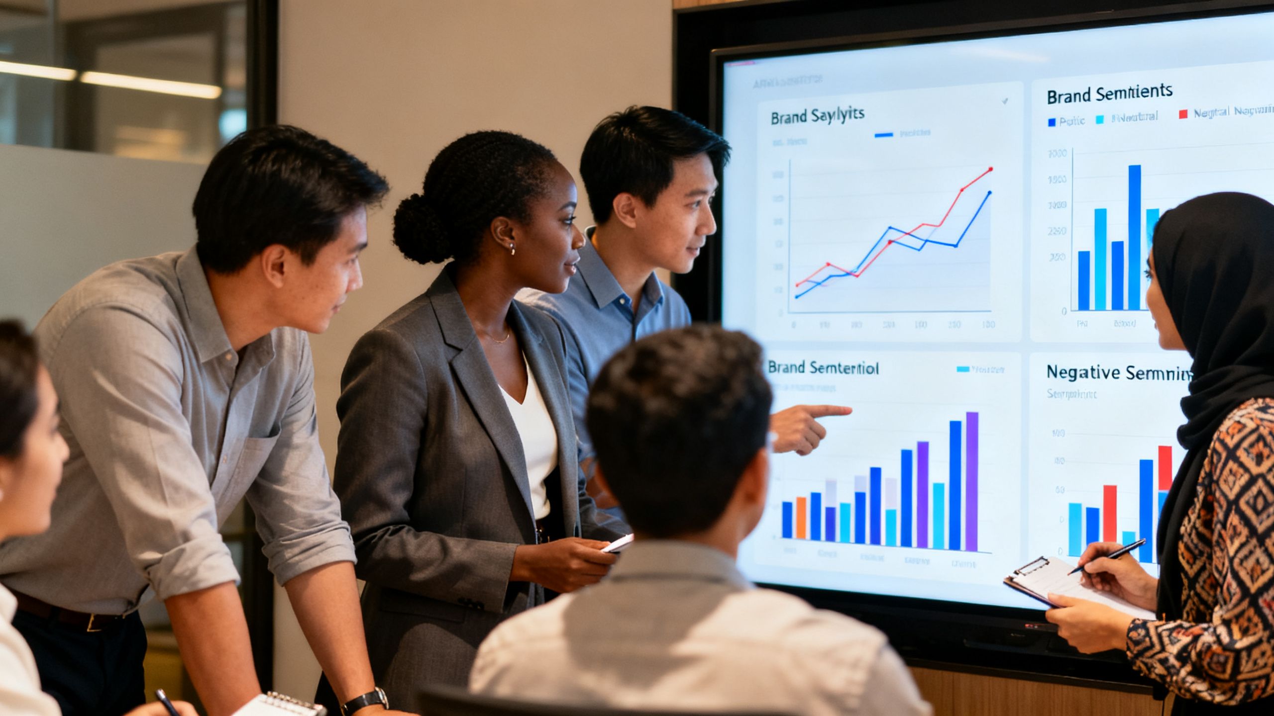 Un team di professionisti diversi riuniti attorno a un grande schermo che mostra grafici di analisi e grafici di sentiment del brand.