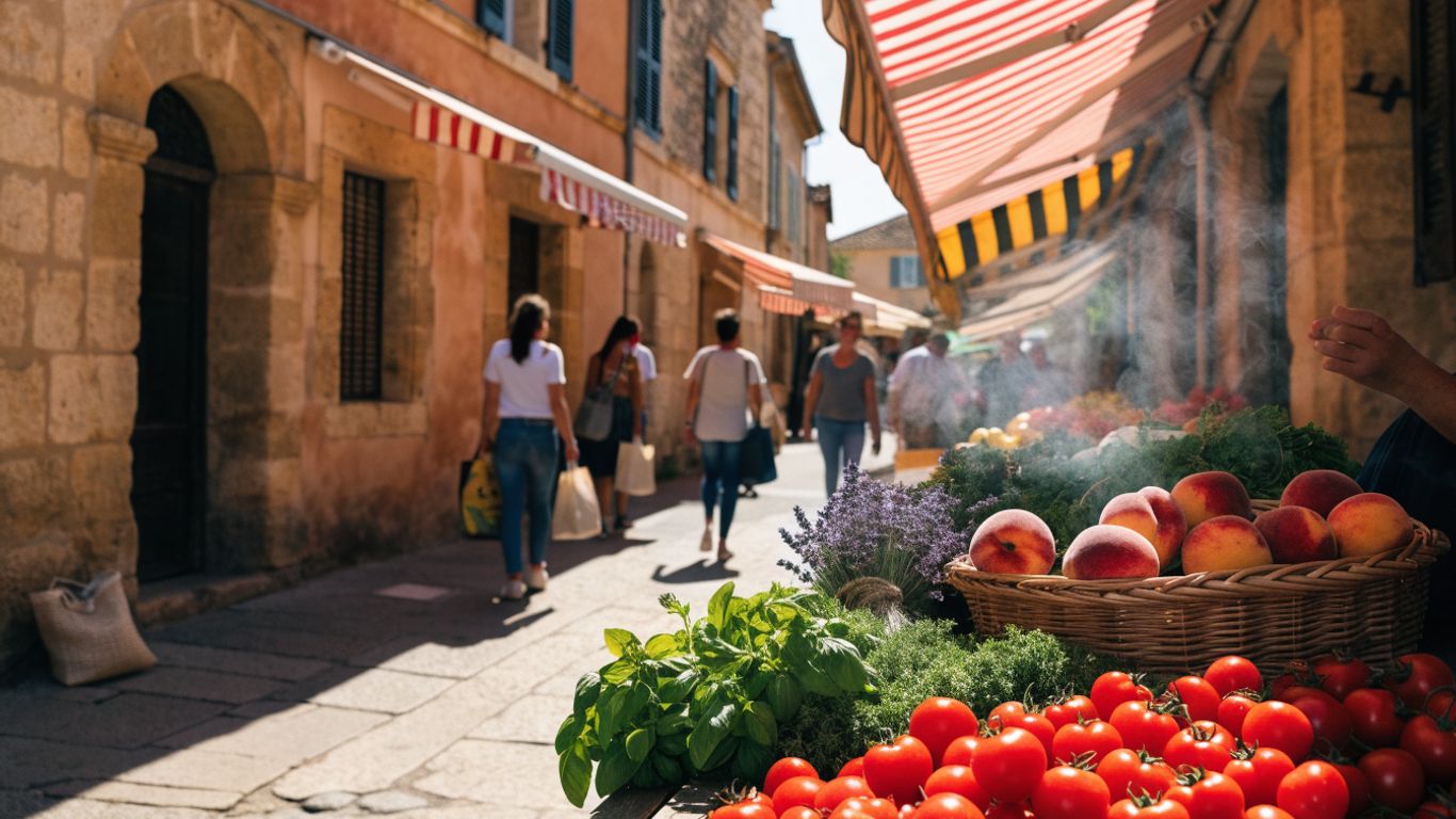 Colorful produce stalls in an Aix market