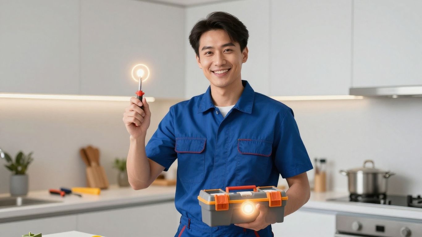 Electricista sonriente con caja de herramientas en cocina moderna.
