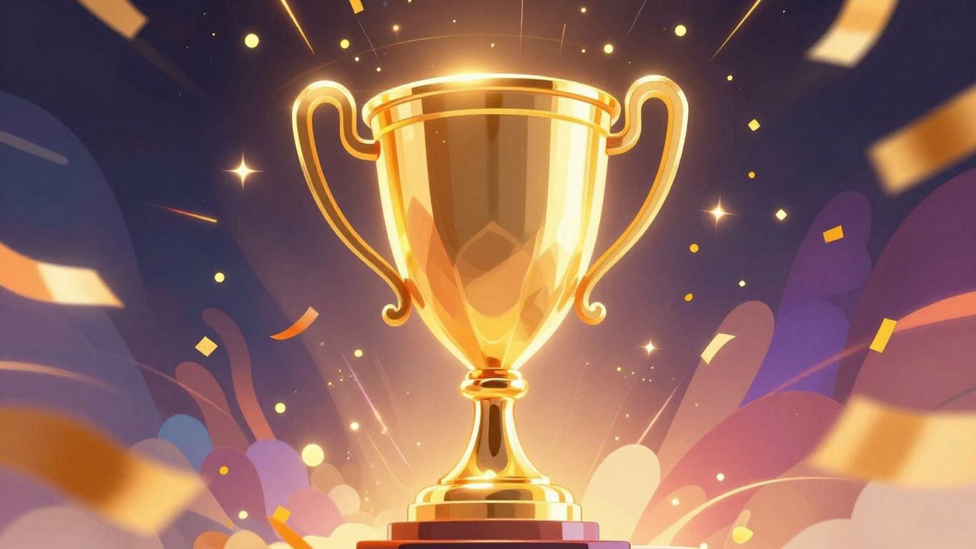 Gamification marketing ideas for campaigns. Abstract shapes and a golden trophy with confetti.