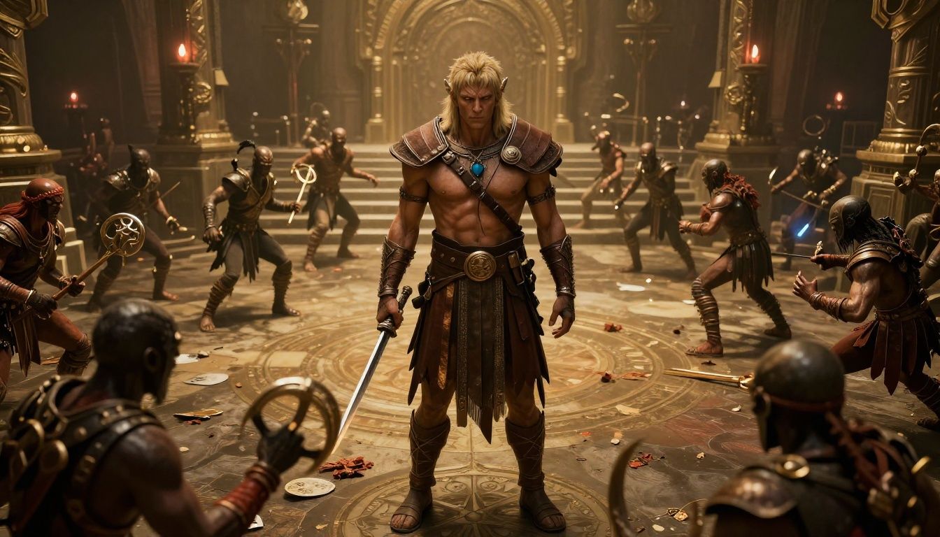 Zagreus enfrentando hordas de inimigos em uma arena estilizada do submundo