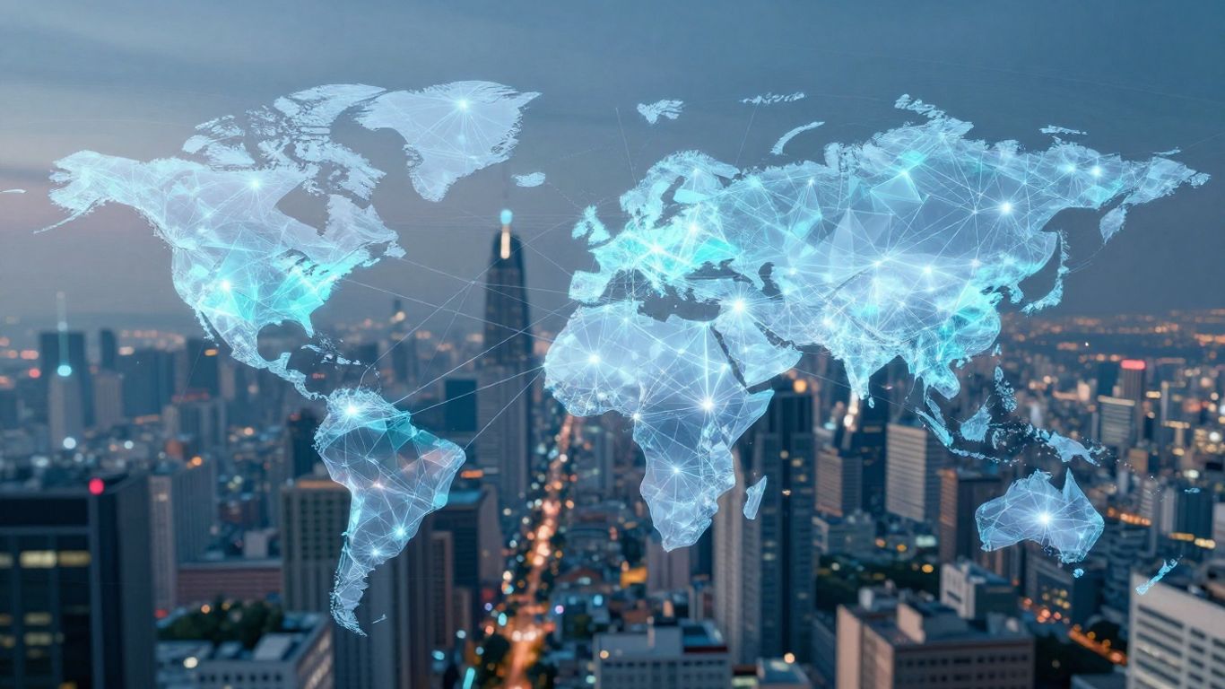 Futuristic blockchain network connecting a digital cityscape.