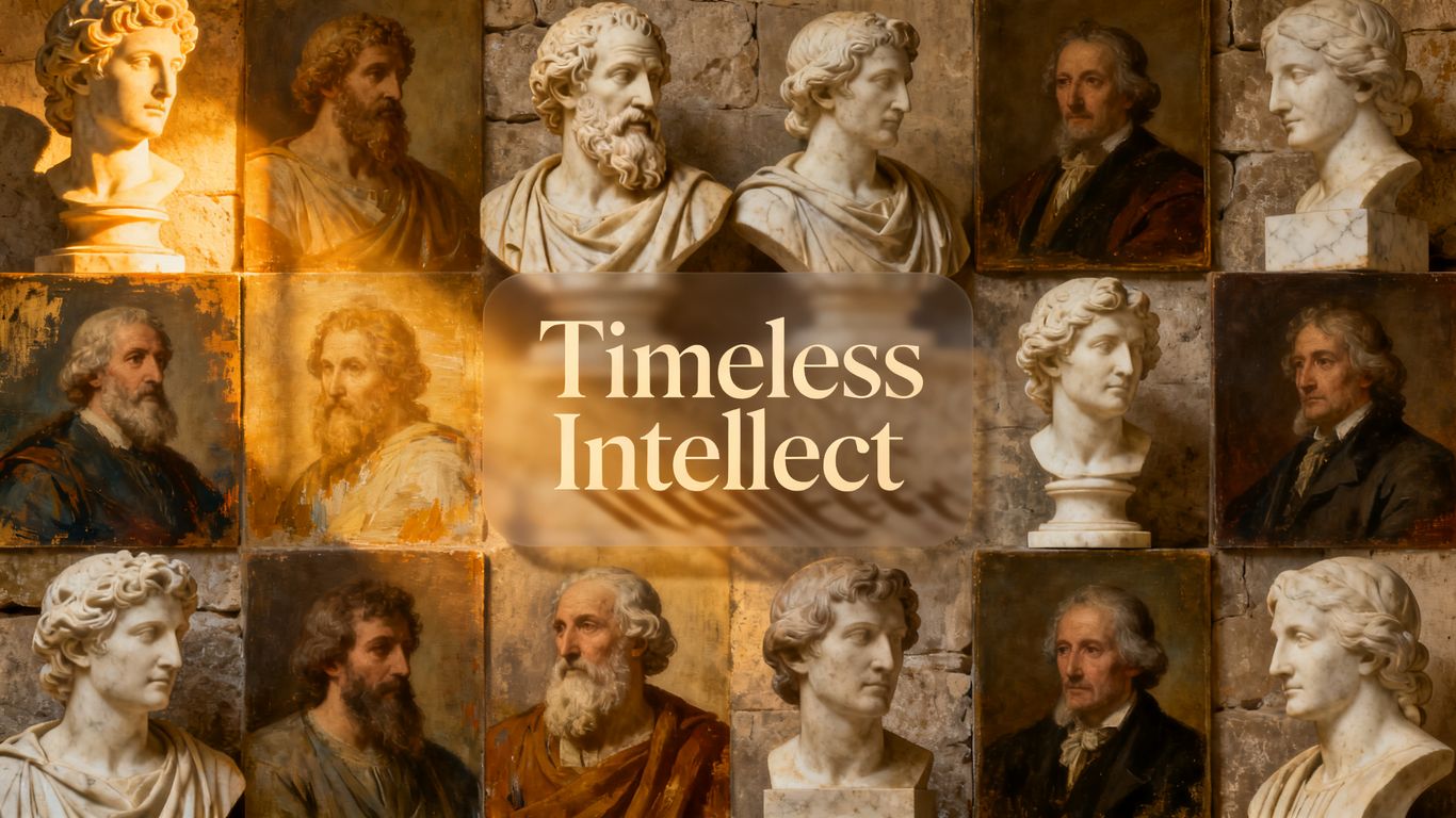 Collage of philosopher busts and portraits.