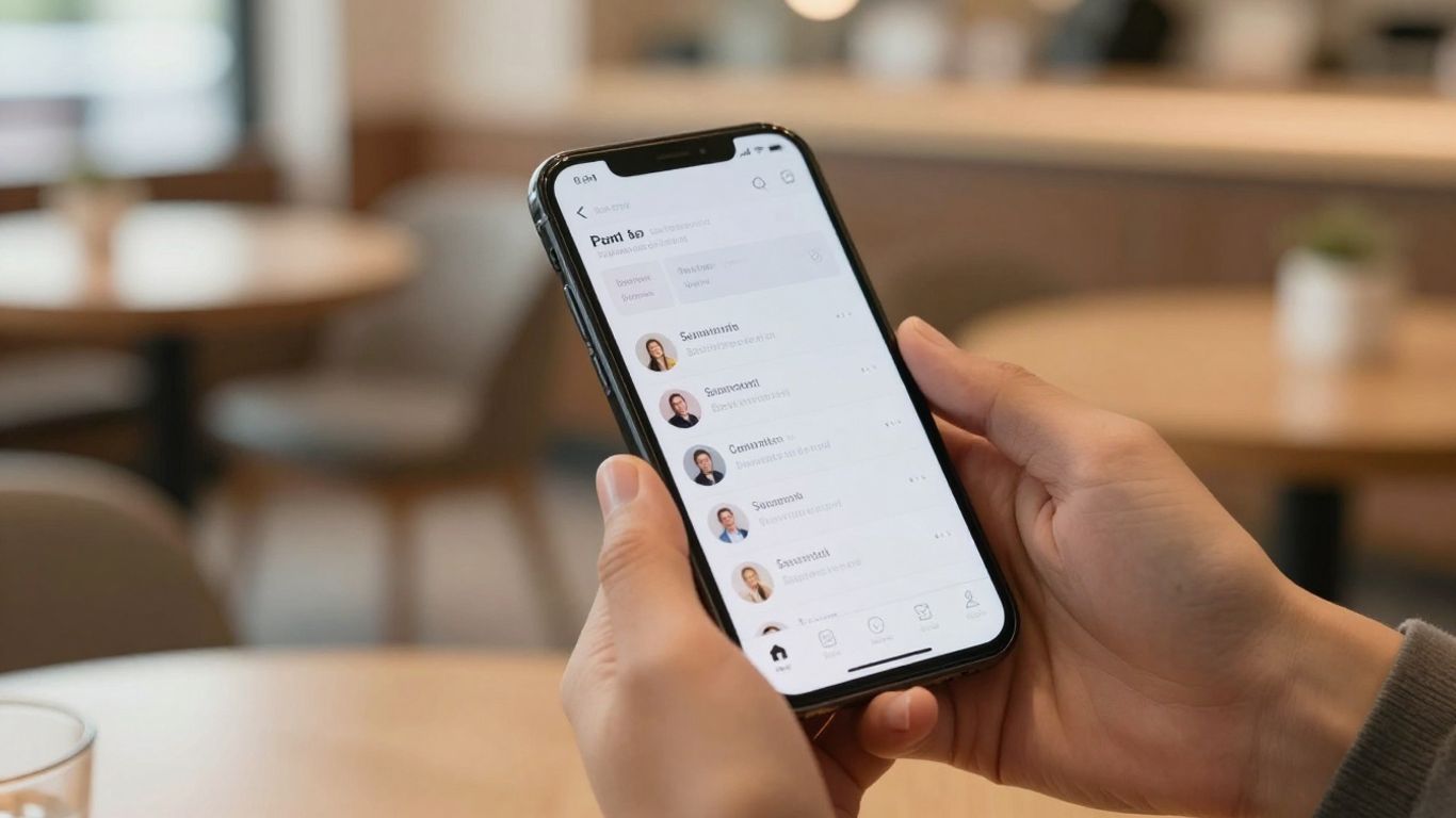 Manos sosteniendo un dispositivo móvil mostrando una interfaz de red social
