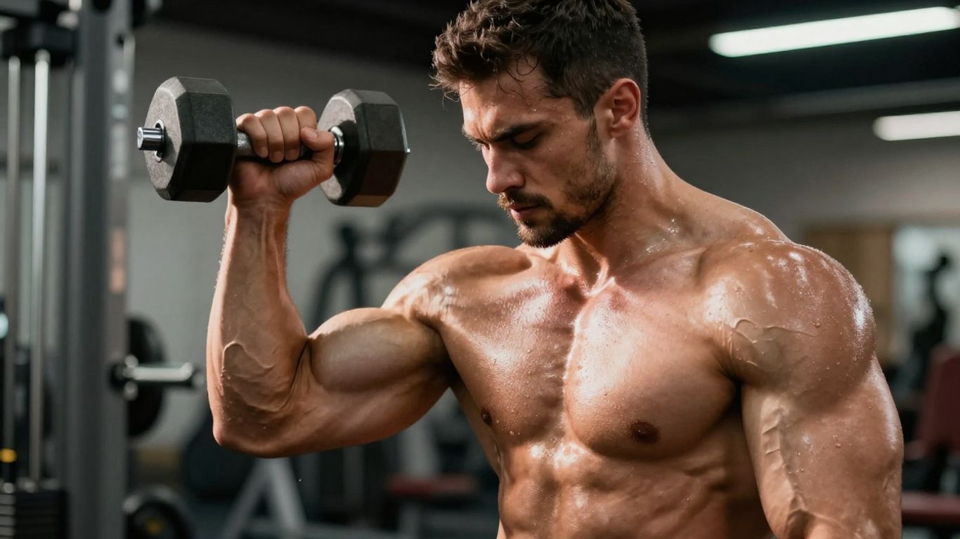 Muscular man flexing in a gym during a workout.