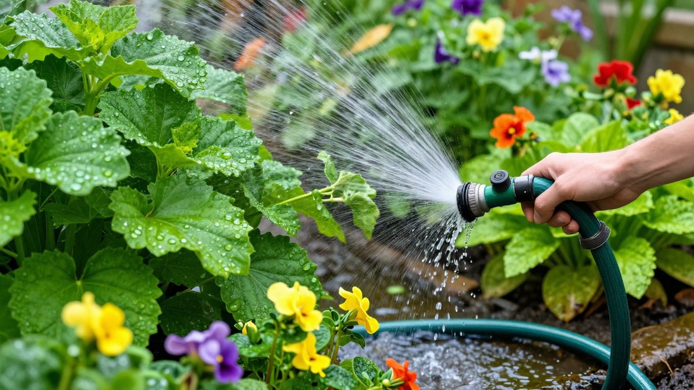 Garten im Morgentau mit Bewässerung
