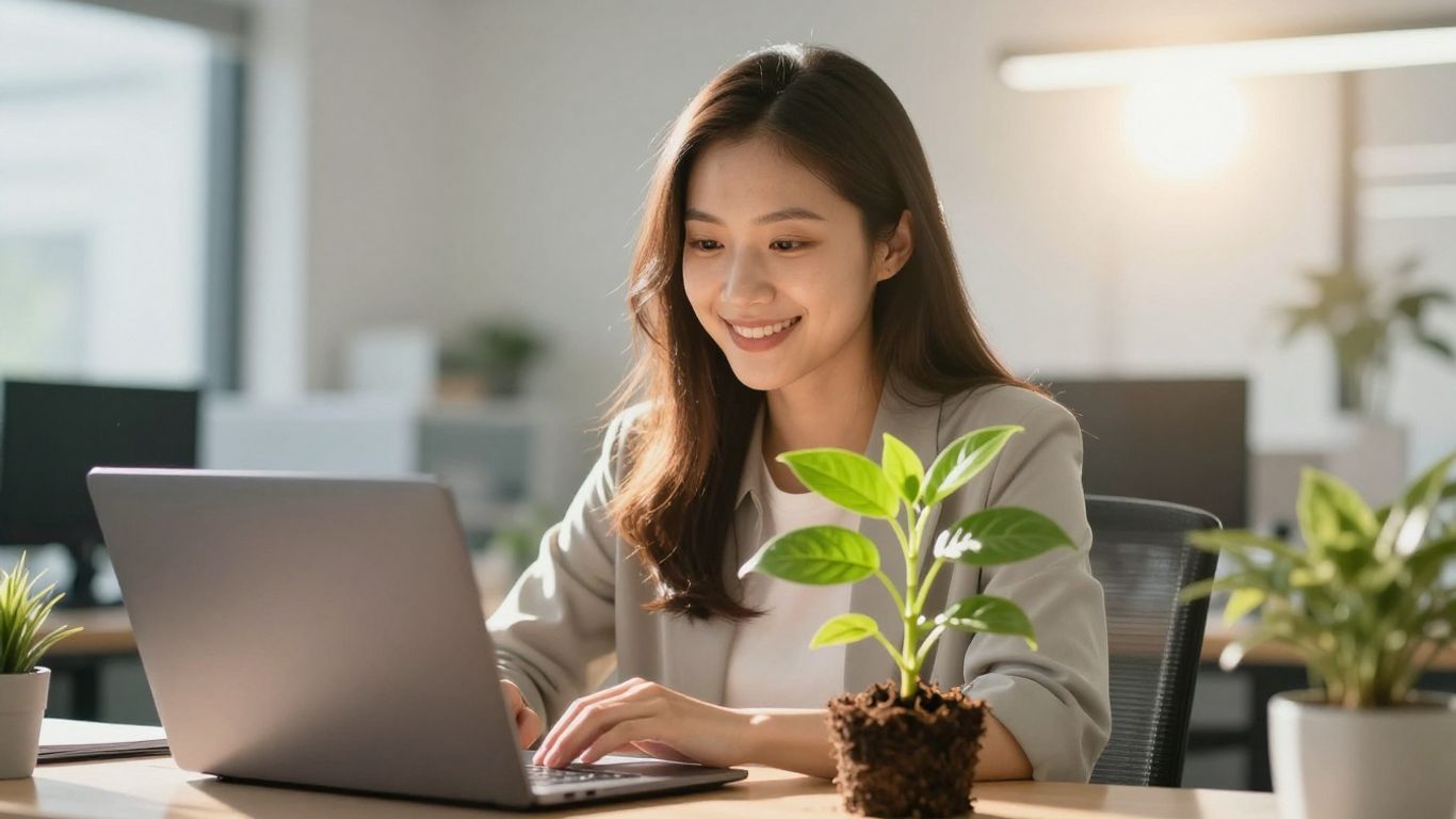 Small business owner looking at growth sprout from laptop.