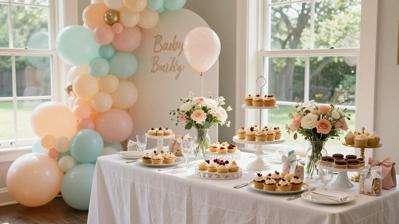 Elegant baby shower venue in Dallas with balloons and pastries.