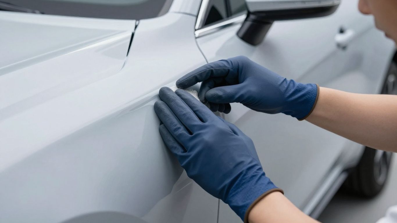 Kfz-Gutachter prüft Auto mit blauen Handschuhen