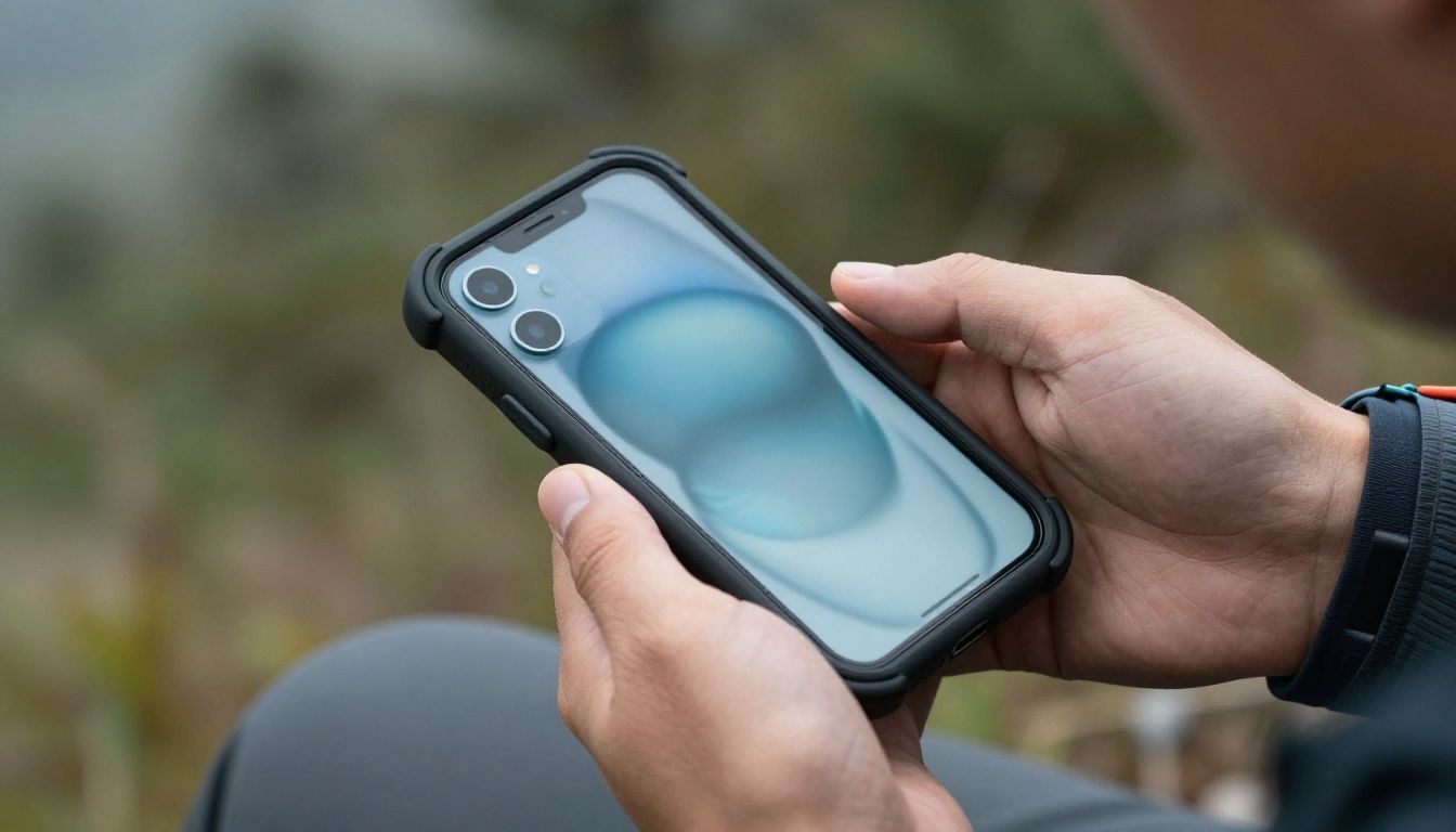 A person hiking in the Blue Mountains, checking their iPhone 15 Plus which is in a sturdy, heavy-duty case.