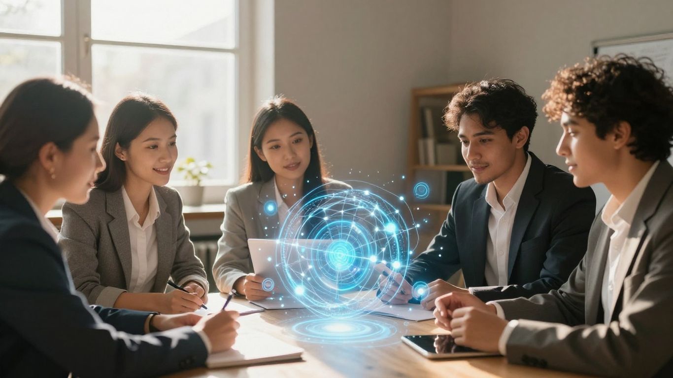 Small business owners planning AI strategy with holographic projections.