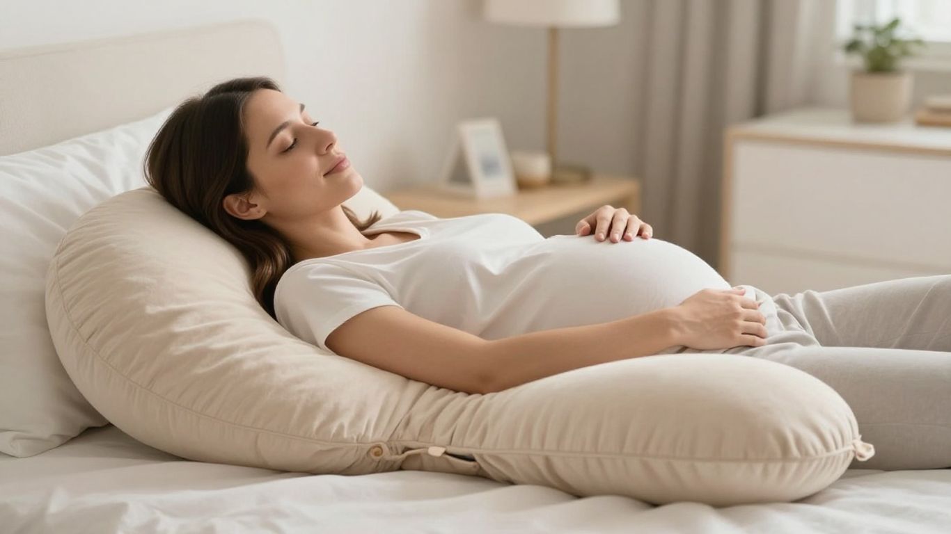 Pregnant woman sleeping with a U-shaped pregnancy pillow.