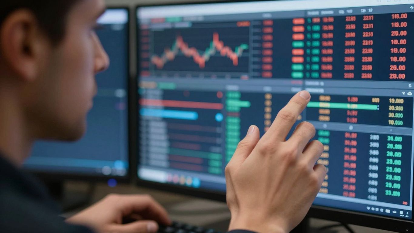 Trader's hands on a computer screen during day trading.