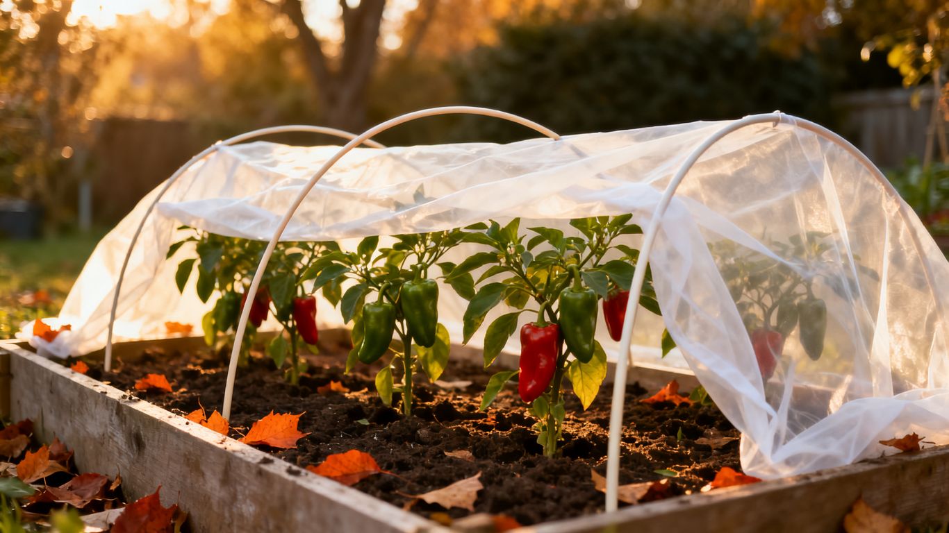Herbstliches Paprikabeet mit Schutzvlies