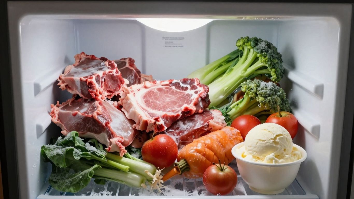 Congélateur débranché avec nourriture congelée à l'intérieur.