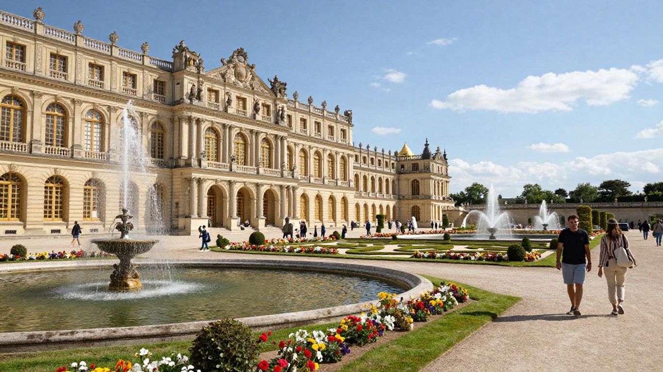 Palace of Versailles with gardens and fountains