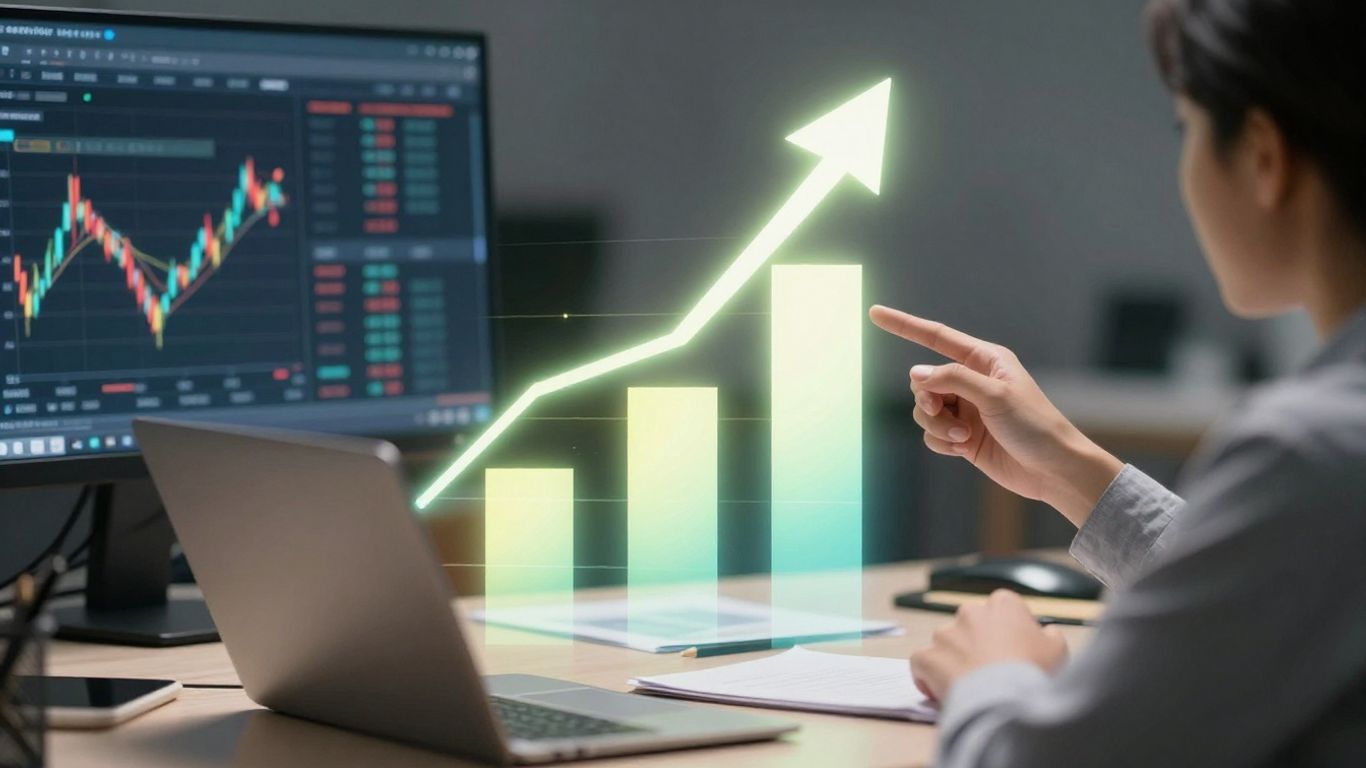 Gráfico de crescimento financeiro e setas de sucesso em tráfego pago.