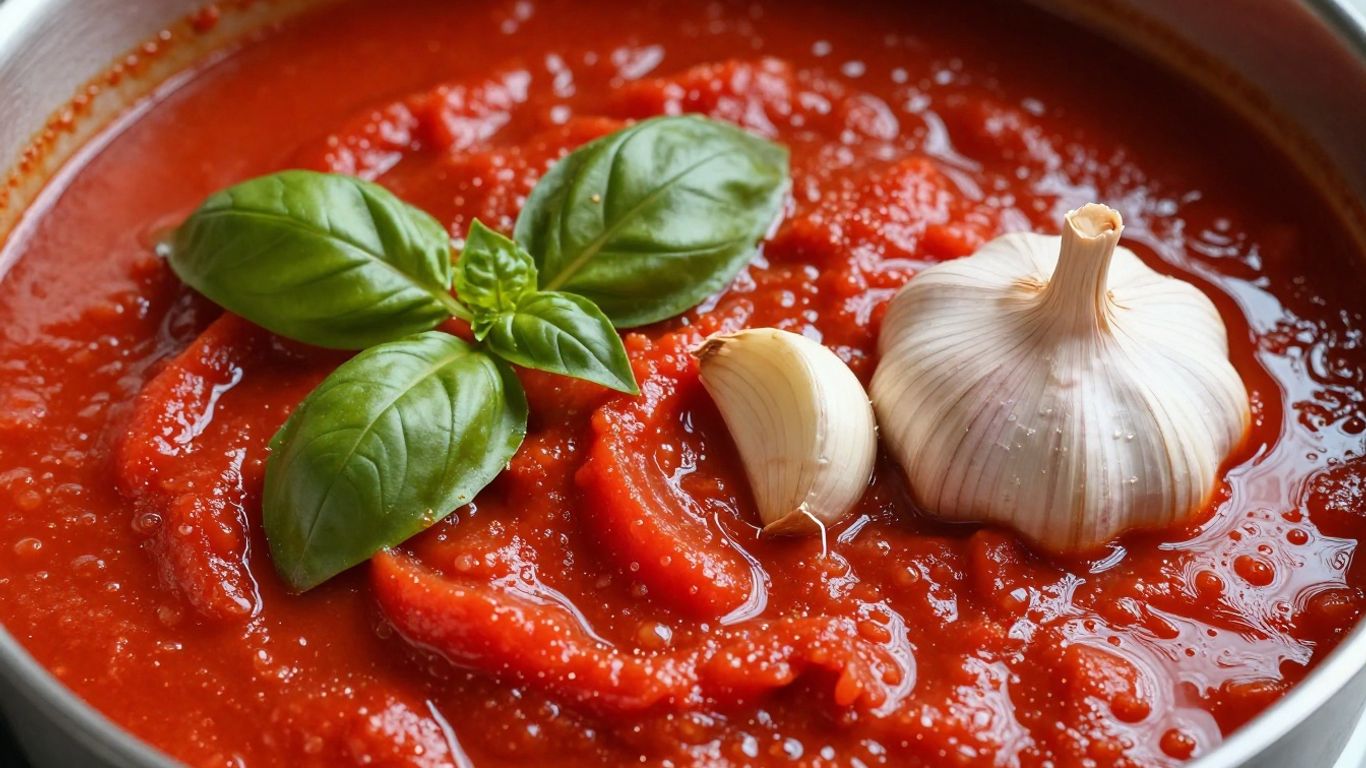 Pot of simmering tomato sauce with basil and garlic.