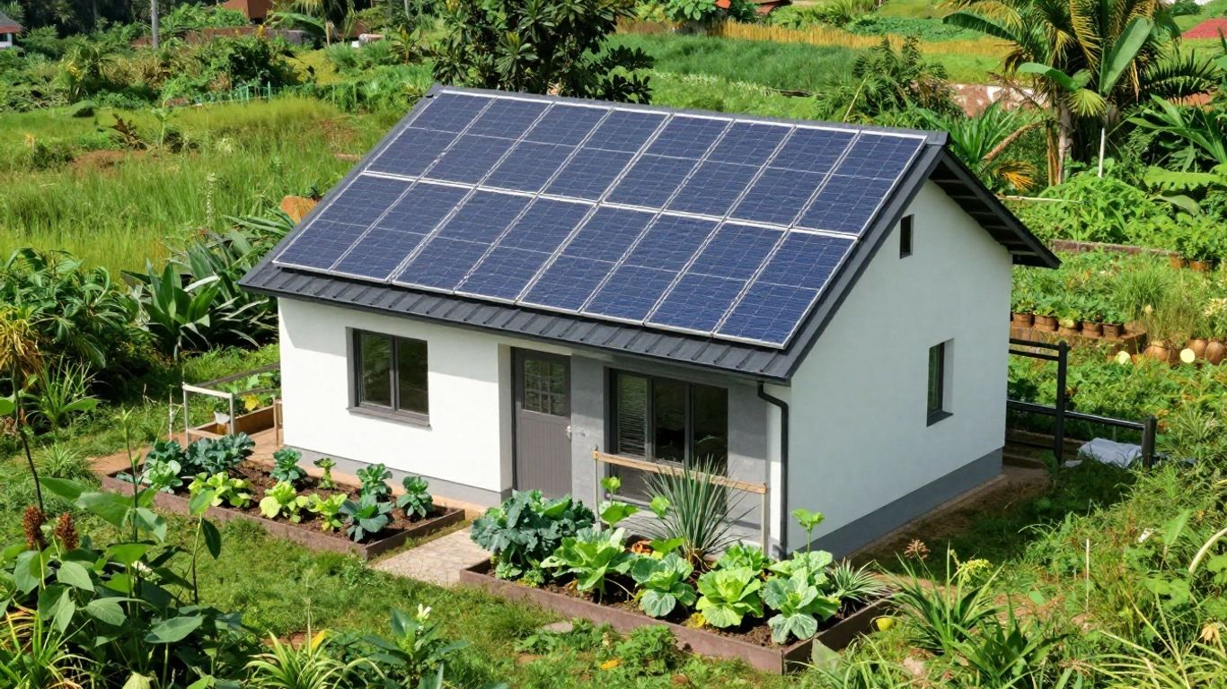 Maison autonome avec panneaux solaires et jardin.