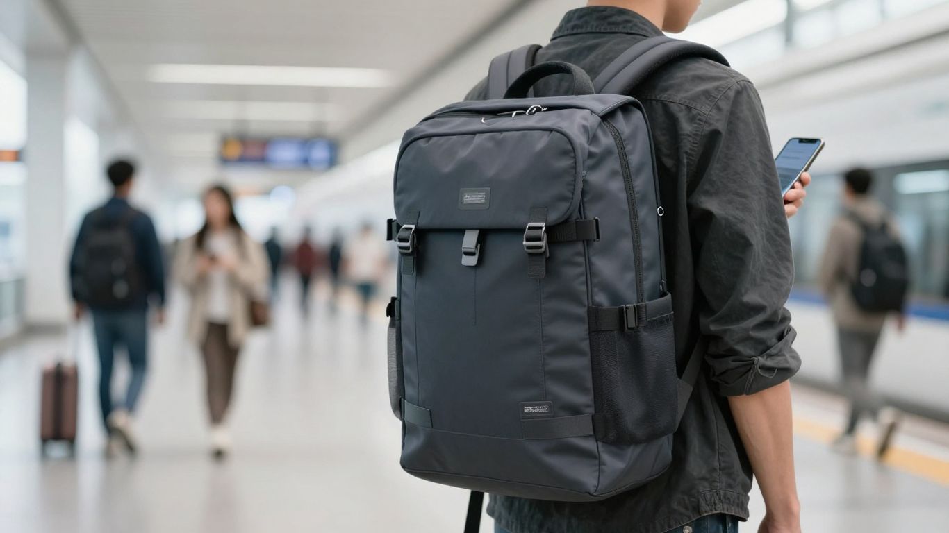 A minimalist traveler standing in a train station