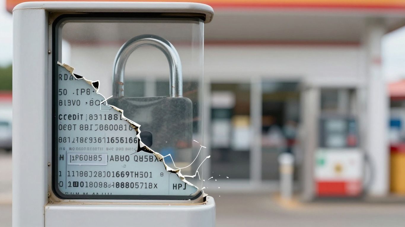 Cracked digital lock with data spilling out.
