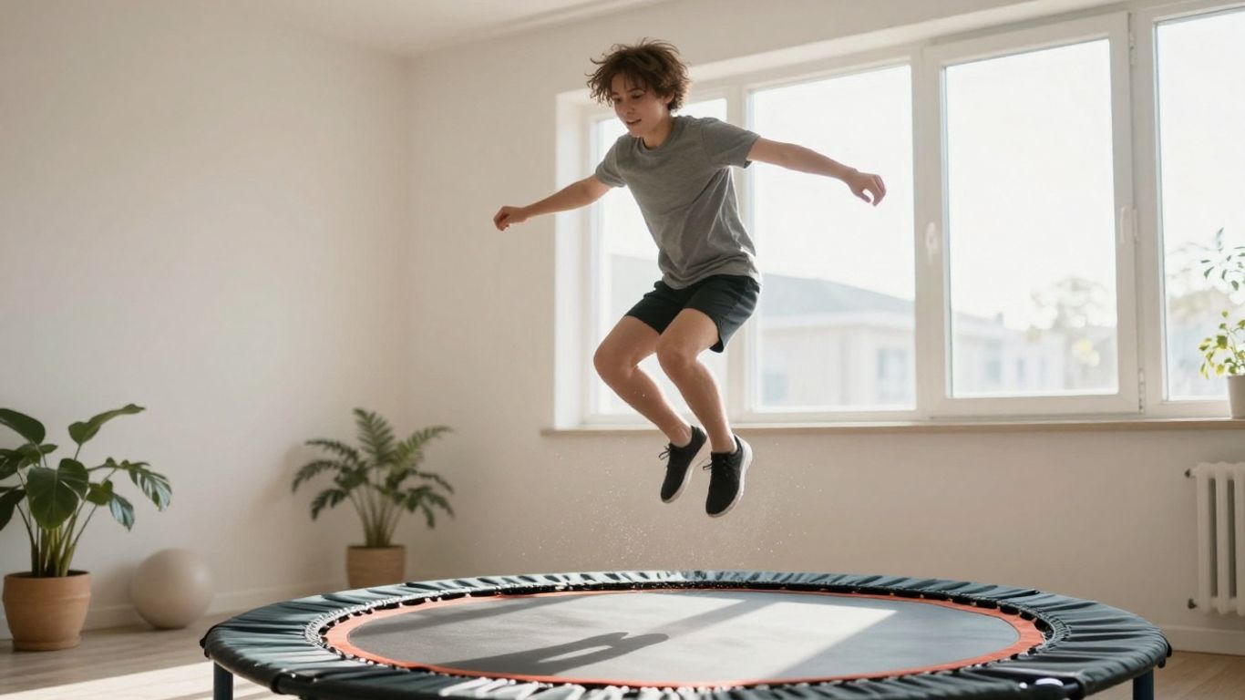 Person jumping on a mini-trampoline in a sunlit room.