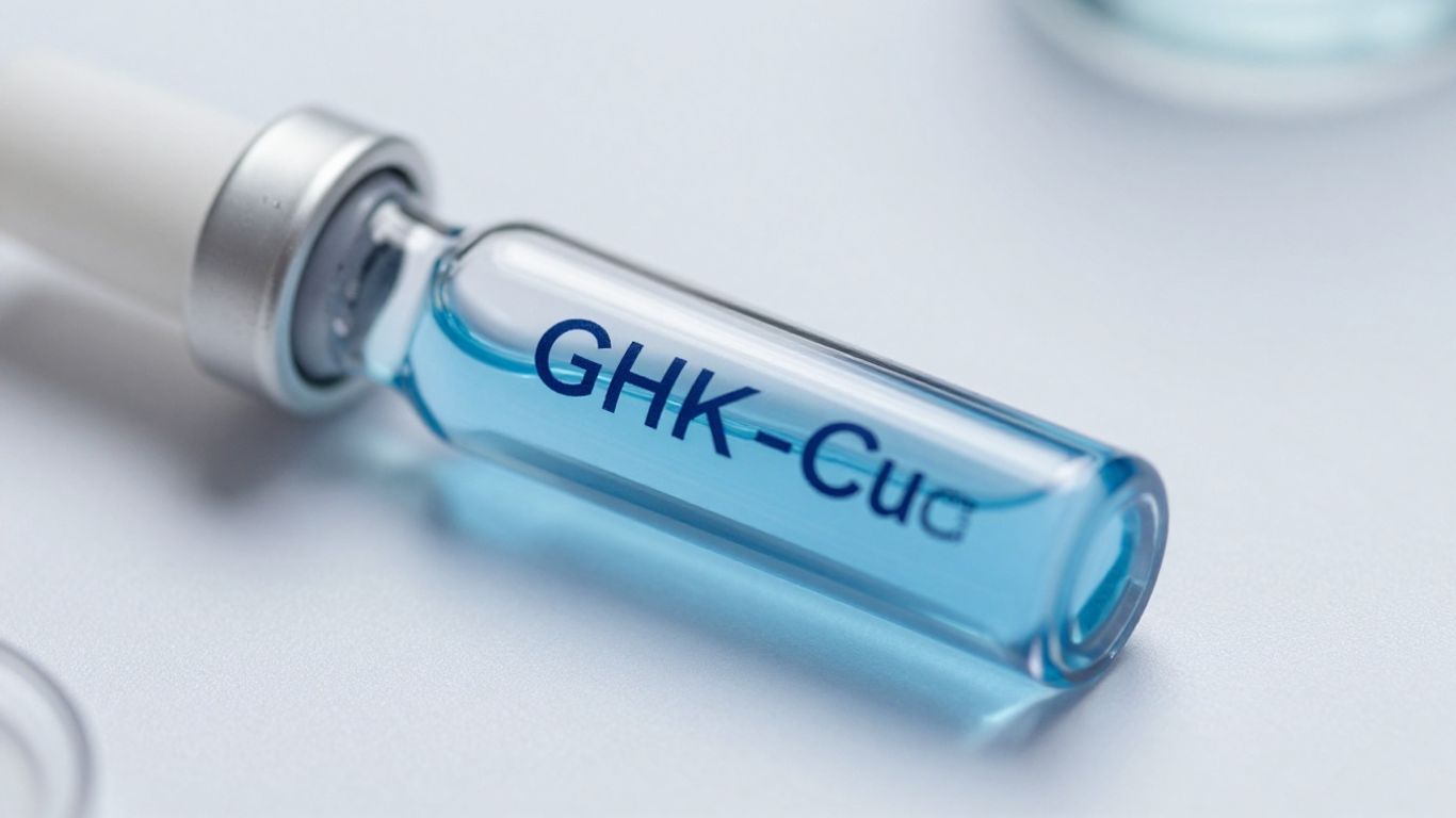 GHK-Cu copper peptide vial in a laboratory setting.