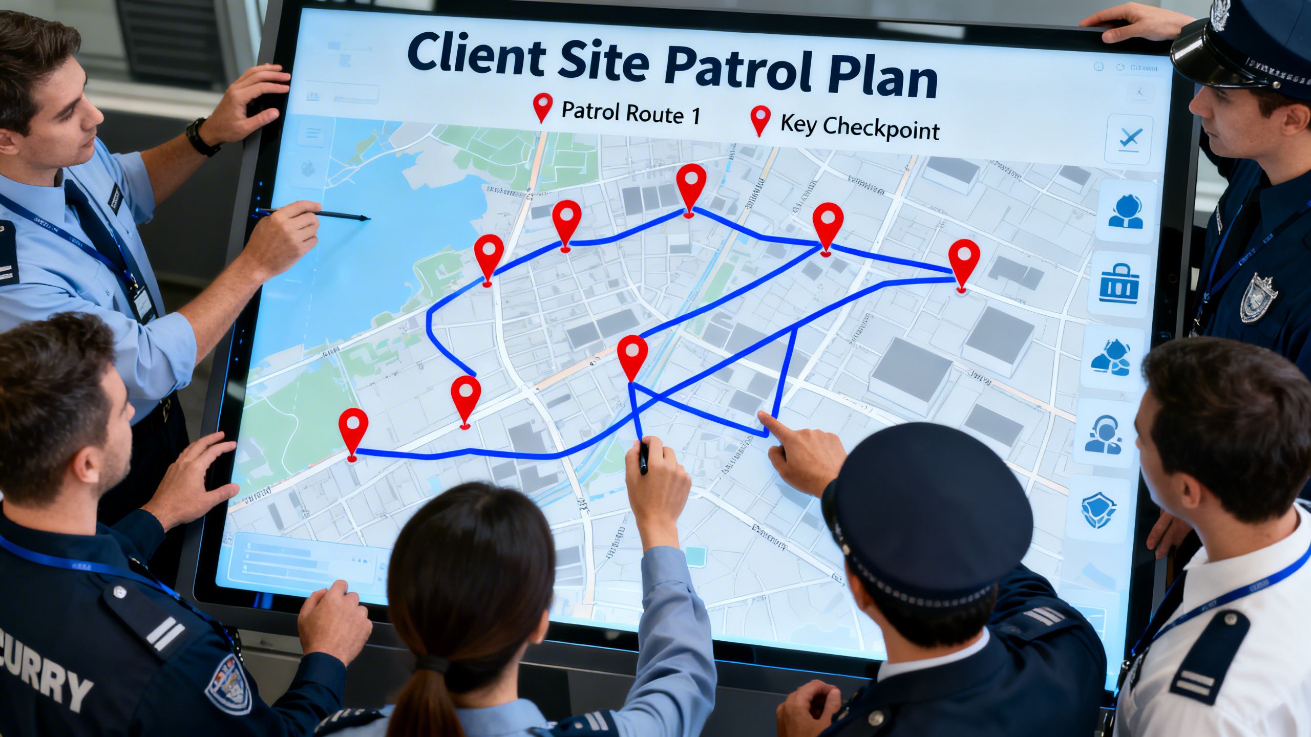 A security team planning client site patrols on a digital map interface