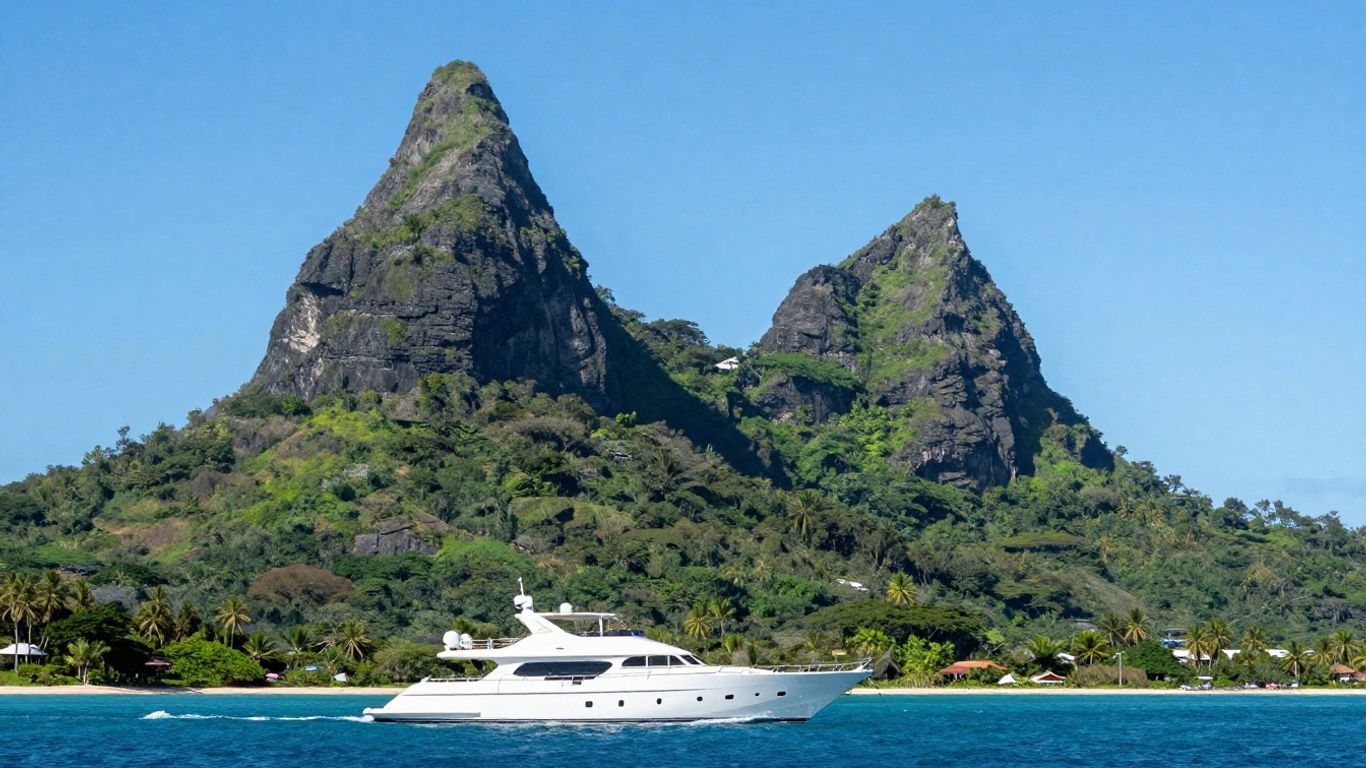 The Pitons, Saint Lucia, with a yacht in the foreground.