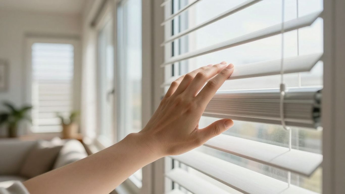 Window treatments in a sunlit room with a hand interacting.